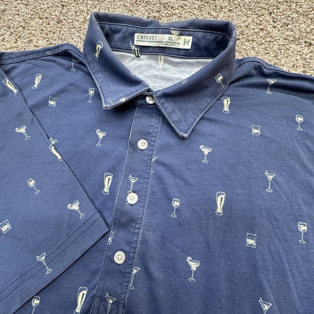 Criquet Shirt Mens Blue Drinks Polo Short Sleeve Pocket Golf Travel Size XL - Picture 1 of 6